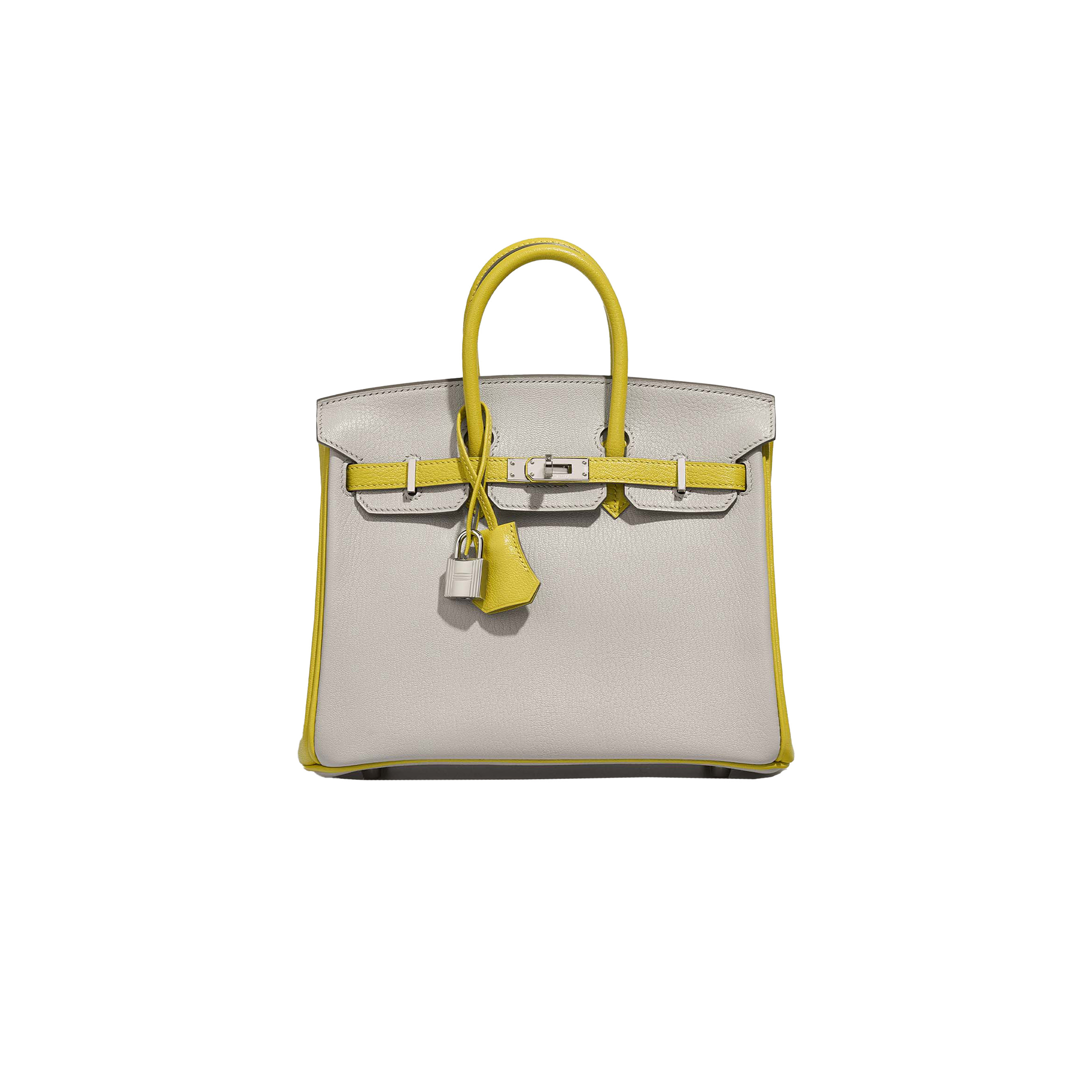 HERMÈS MASTER BIRKIN 25 SWIFT LEATHER PEARL GREY LEMON YELLOW SILVER BUCKLE BAG 3237 (25*20*13cm)